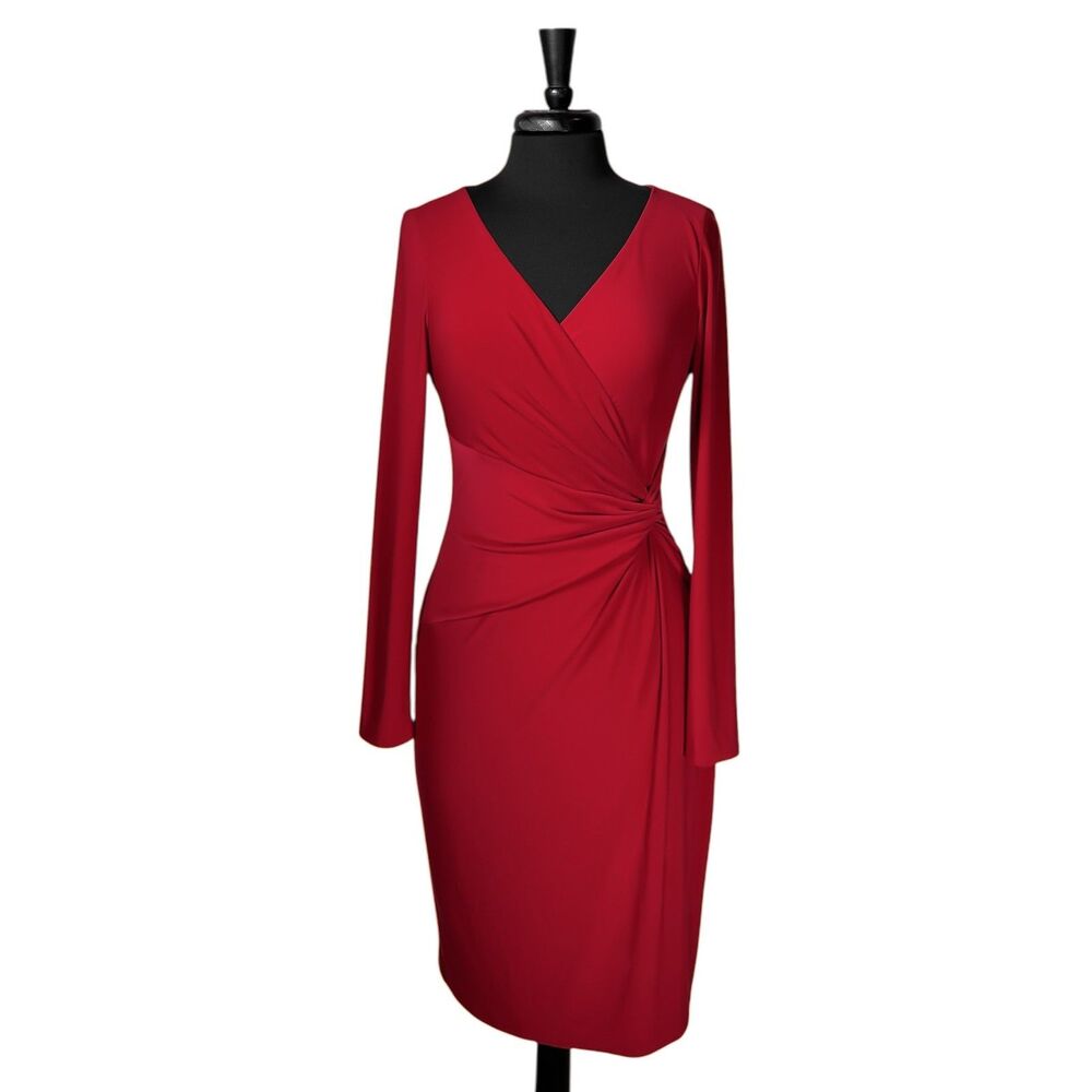Ralph Lauren Women's Dress 8 Red Ruched Jersey Wrap Sheath Midi Long Sleeve